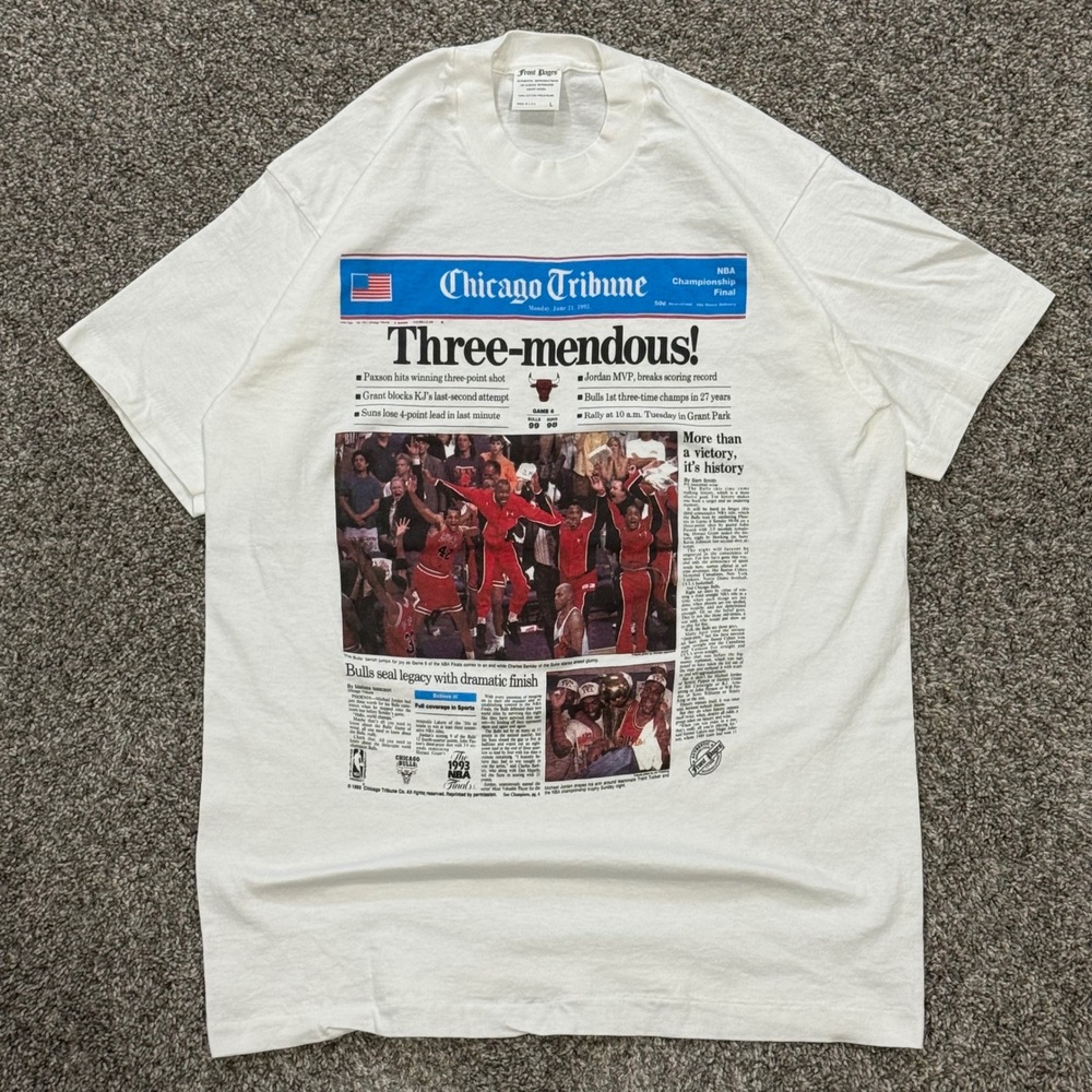 Vintage 1993 Chicago Bulls Front Pages NBA Finals Newspaper T-Shirt Mens L 90s